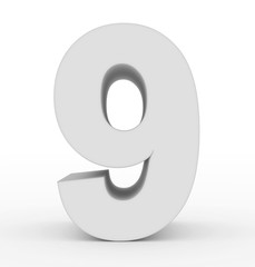 number 9 3d white isolated on white