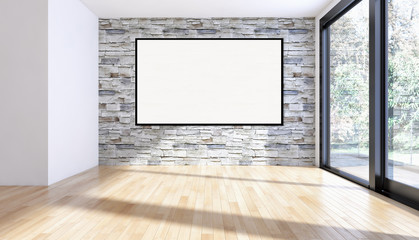 Modern bright interiors empty room with mockup poster frame 3D rendering illustration