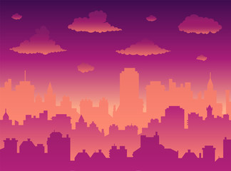 Fototapeta premium Flat cityscape with sunset sky over city and sunset/sunrise. Modern morning city skyline panoramic vector background. Urban city tower illustration, wallpaper. Silhouette of skyscrapers. 