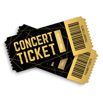 Two, couple vector golden concert ticket isolated on white background. Luxury realistic 3d design template. Icon picture for website.