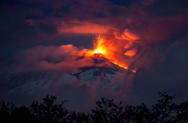 Erupting Volcano at Night with Lava - Mt Etna in Sicily, Italy