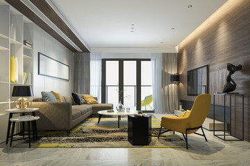 3d rendering luxury and modern yellow living room with sofa
