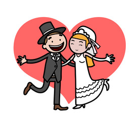 Hand Drawn Cartoon of A Wedding Couple Just Married with a Big Heart Symbol of Love as the background