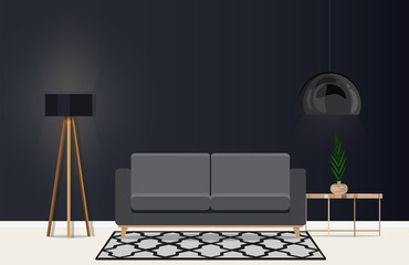 Interior design of a modern living room in Scandinavian style. Vector flat illustration.