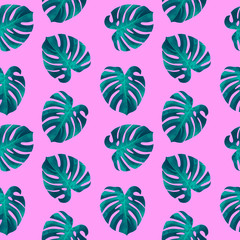 Tropical seamless pattern with monstera leaves.