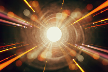 Abstract lens flare. concept image of space or time travel background over dark colors and bright...