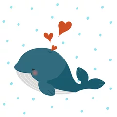 Fototapeten Süßer Blauwal mit Herzen auf blauem Punktmuster © soyon