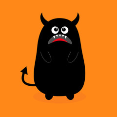 Monster black silhouette. Sad emotion. Fang tooth. Open mouth. Eyes, teeth, tongue, hands, tail, horns. Funny Cute cartoon baby character. Happy Halloween. Flat design. Orange background. Isolated.