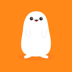 Monster ghost white silhouette. Fang tooth. Open mouth. Two eyes, teeth, tongue, hands. Funny Cute cartoon baby character. Happy Halloween. Flat design. Orange background. Isolated.