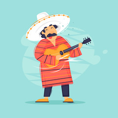 Mexican playing the guitar. Flat design vector illustration.