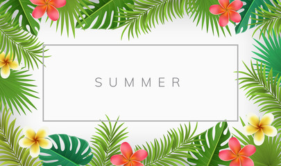 Summer frame with exotic flowers and palm leaves. Vector illustration for tropical frames and backgrounds - obrazy, fototapety, plakaty