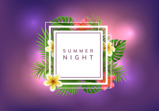 Summer night background with palm leaf, exotic flower and geometric frame, with night lights. Vector illustration for party