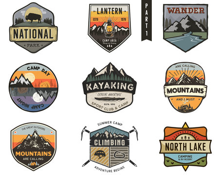 Set of vintage hand drawn travel badges. Camping labels concepts. Mountain expedition logo designs. Travel badges. camp logotypes collection. Stock patches isolated on white background