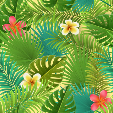 Seamless pattern with palm leaf and tropical flower on yellow background. Vector illustration for vacation and summer design