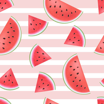 Seamless pattern with realistic watermelon slices and stripes. Vector illustration for summer fruit design and background