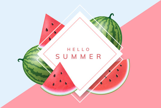 Summer frame with realistic watermelon whole fruit and slice. Vector illustration with geometric frame for summer and fruits