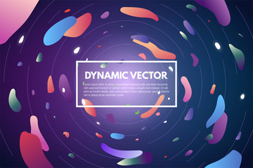 Background with orbits and flying around color gradient splashes. Lines and backdrop. Template with text in the center and floating bubbles of color paint. Dark background and bright objects. © ikonstudio