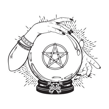 Hand drawn magic crystal ball with pentagram star in hands of fortune teller line art and dot work. Boho chic tattoo, poster or altar veil print design vector illustration.
