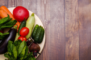 Healthy organic foods on wooden background. Top view