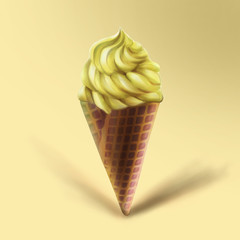Summer minimalism illustration, creative concept. Digital hand drawn vanilla ice cream in the waffel chocolate cone on the pastel background. Summer dessert. Poster, banner, flyer, card.