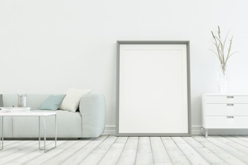 White sofa in modern scandinavian design with grey wall