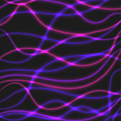 Overlaying semitransparent curved lines forming an abstract wavy pattern with light effects. Purple and pink neon on a dark background.