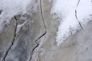 cracked ice on river in spring .