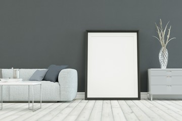 White sofa in modern scandinavian design with grey wall