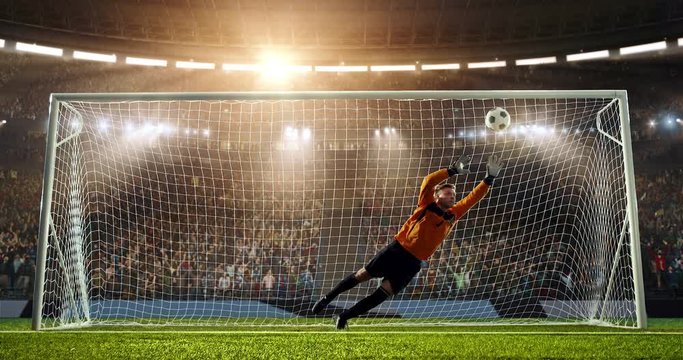 Soccer goalkeeper jumps and fails to catch ball on a professional soccer stadium. Stadium and crowd is made in 3D and animated
