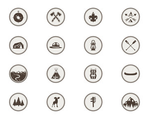 Boy scouts icons, patches. The full bundle. Camping stickers. Tent symbol, moose pictogram, backpack elements, canoe, mountains, and others. Stock stamps isolated on white background.