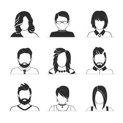 Set of avatar or user icons. Vector illustration. Silhouette of man and woman. Business people.