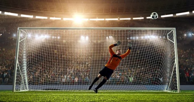Soccer goalkeeper jumps and fails to catch ball on a professional soccer stadium. Stadium and crowd is made in 3D and animated