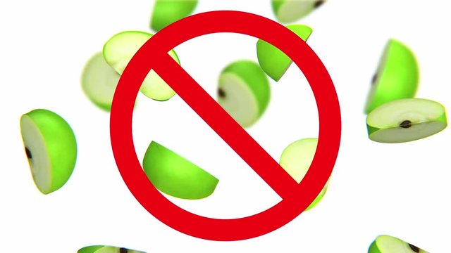 Dangerous harmful apples in prohibition sign, 3d animation on white background.