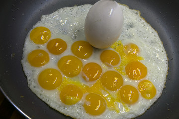Fried eggs on a Breakfast tray for eating in the restaurant .