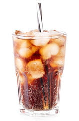 Cola in glass with straw and ice cubes isolated on white background. Soda with bubbles isolated on white. Refreshing non-alcoholic drink