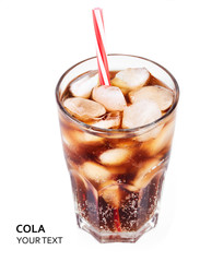 Cola in glass with straw and ice cubes isolated on white background. Soda with bubbles isolated on white. Refreshing non-alcoholic drink