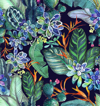  Tropical seamless pattern with succulents, tropical leaves. Botanical background