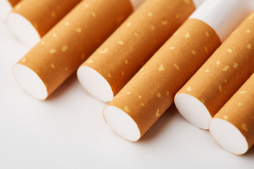 cigarette close up isolated on white background. Drug addiction. Tobacco smoking. cancer. Nicotine. Bad habit.