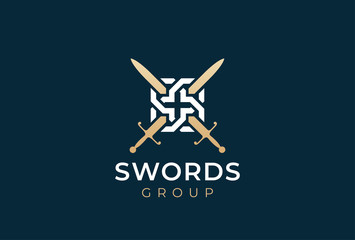 Crossed swords logo icon. Sword crests. Vector heraldry design.