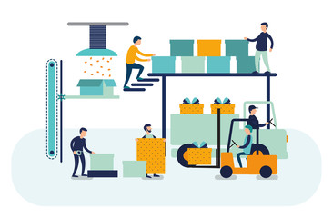 Business concept vector illustration.  Flat design business people concept. Successful team. Production of gifts. Eps 10