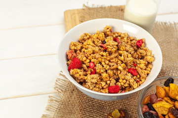 Food background of fresh baked homemade granola in bowl