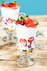 Strawberry yogurt dessert on a rustic table