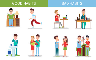 Bad and Good Habits Poster Set Vector Illustration