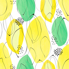 Abstract tropical pattern seamless vector pattern. Yellow and green mango. Painted in ink silhouettes. - 207760137