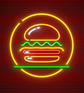 Burger neon icon. Hamburger fast food symbol with illumination.