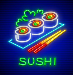 Sushi set. Neon icon of japanese food at plate with chopsticks