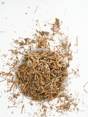 Dried tea leaves on a white background with empty space.