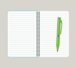 Open notebook with green pen. Vector illustration
