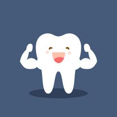 Single white and very strong muscle healthy tooth. Strong happy healthy white tooth character. Vector flat cartoon illustration icon design. Isolated on dark background.
