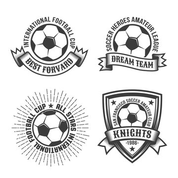 Football old school logo template with classic soccer ball and heraldic elements. Monochrome retro style.